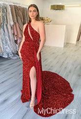 Vestidos de fiesta rojos de sirena con un solo hombro y cola de lentejuelas
